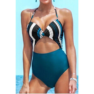 CUPSHE Stripe and Solid Twist Cutout Halter One Piece Swimsuit Bathing Suit NWT